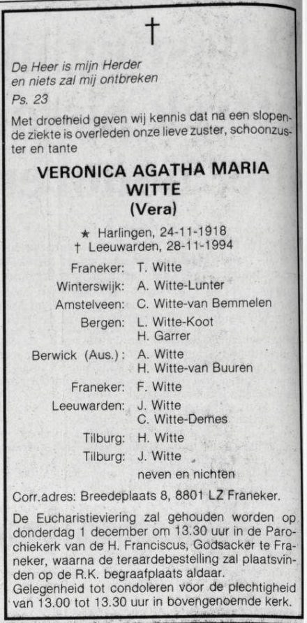  - overlijdensadvertentie -  Veronica Agatha Maria Witte